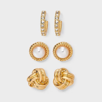 Knot and Pearl Stud Earring Set 3pc - A New Day™ Gold | Target