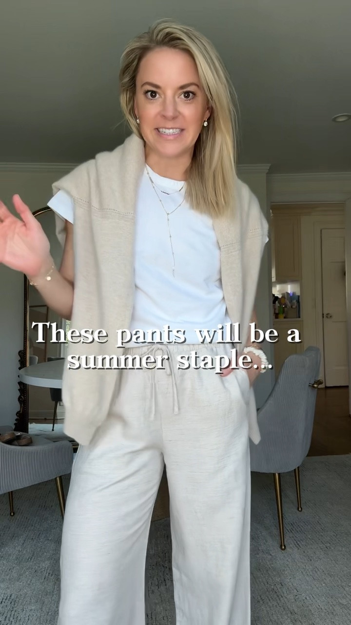 The viral Aritzia lodge pants but in linen! Will be wearing these on repeat all summer. Several color options, Mine are the undyed ecru
-I’m 5’5 wearing small regular, tts (undyed ecru)
-small tee, tts 
-small sweater, tts 
-shoes tts 
-10mm earrings 

spring outfit, linen pants, home office  

#LTKootd #LTKmomlife