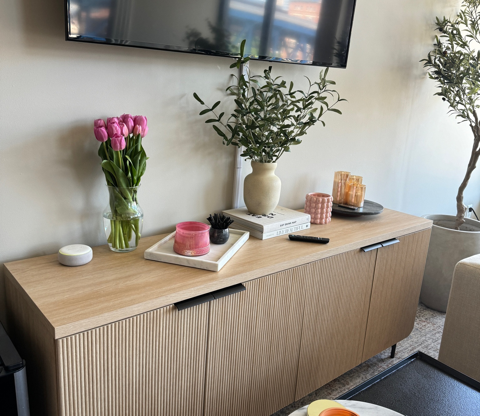 Rectangle Marble Tray White
Artificial Olive Leaf Arrangement 
Glass Battery Operated LED Flameless Candles with Remote
Matches Holder, Natural Marble Match Holder with Striker 
Pack Cord Cover- Cable Raceway- Cable Management 
55" 4-Series 4K UHD smart TV, 
Echodot
Under television 69'' Sideboard 

#LTKStyleTip #LTKSeasonal #LTKHome