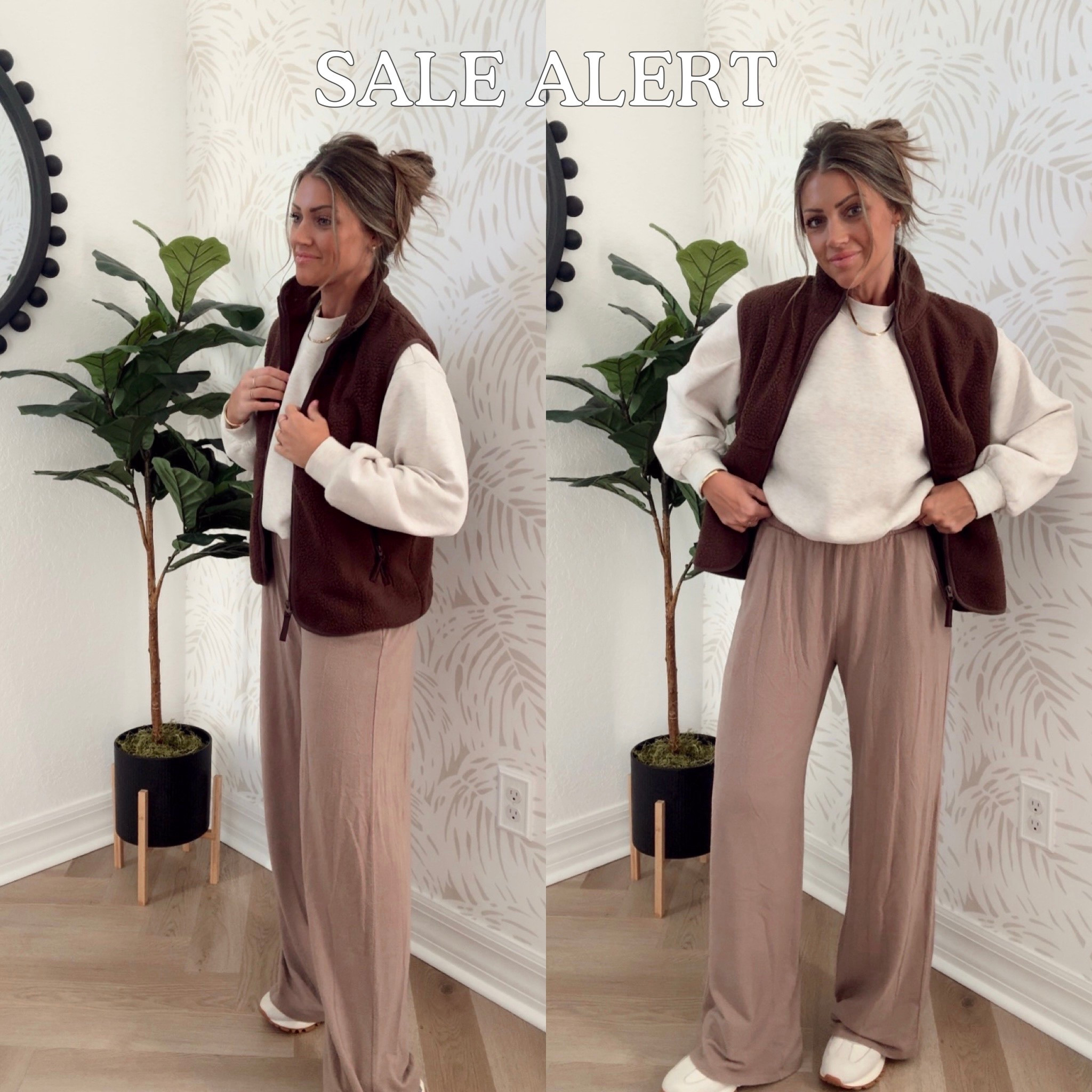 BEST SWEATS EVER! Selling fast!! And PS: this sweatshirt is one of my top faves everrrr. Most amazing material AND I love how it gives the perfect look of a tuck with the bubble hem— so good. 👏🏻 
I’m in an XS pants, S vest & sweatshirt! Use code CYBERAF for an extra discount on the sweats! #cozyoutfit #winteroutfit #traveloutfit #neutraloutfit 