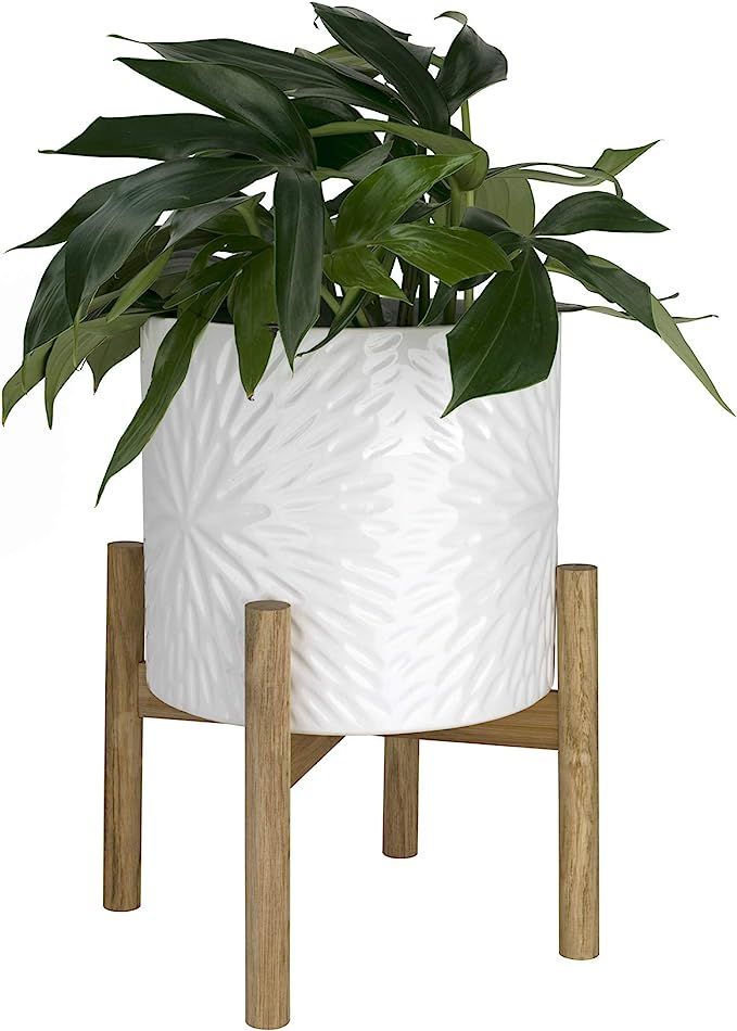 Large Ceramic Plant Pot with Wood Stand - 10 Inch White Cylinder Floral Pattern Embossed Flower P... | Amazon (US)