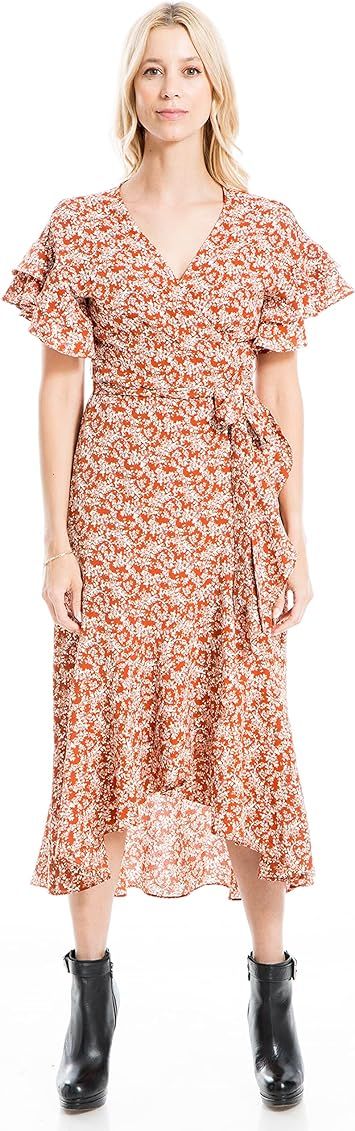Max Studio Women's Crepe Ruffle Short Sleeve Wrap Midi Dress | Amazon (US)