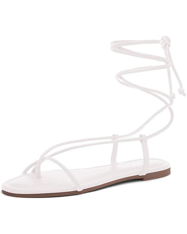 Shoe Land SL-Auday Women's Lace Up Flat Sandals Open Toe Wrap Ankle Strap Shoes | Amazon (US)