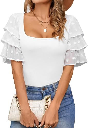 Blooming Jelly Womens Puff Sleeve Tops Square Neck Dressy Blouses Short Sleeve Summer Shirts | Amazon (US)