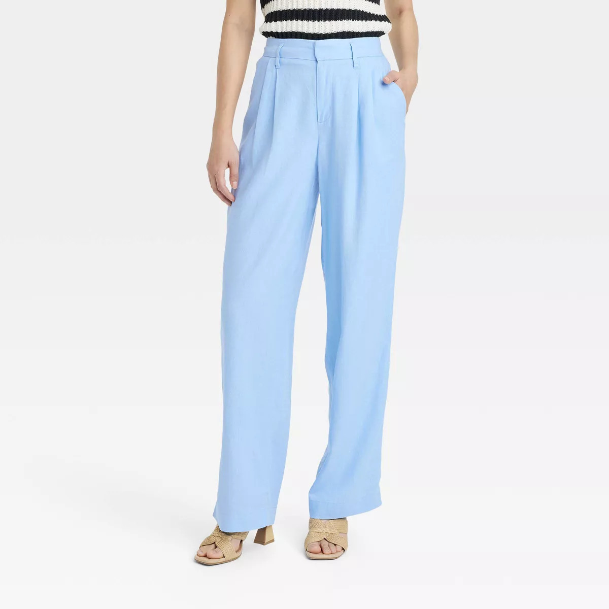 Women's High-Rise Linen Pleated Front Straight Pants - A New Day™ Blue 8 | Target