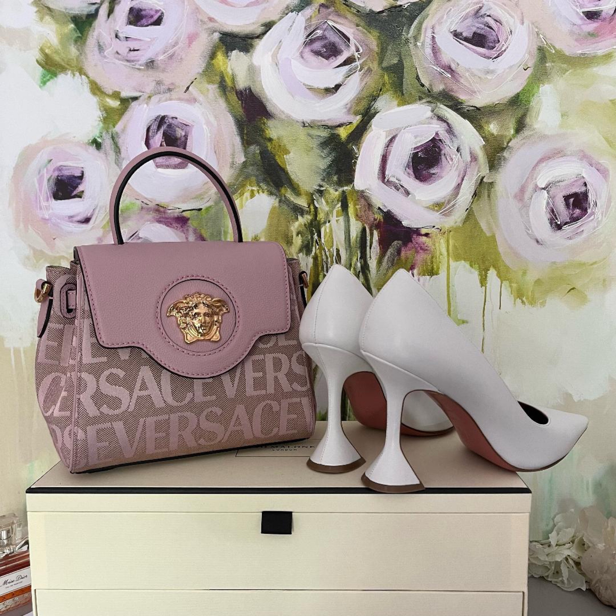 White amina muadi heels, versace pink pint handbag

#LTKSeasonal #LTKshoecrush #LTKitbag