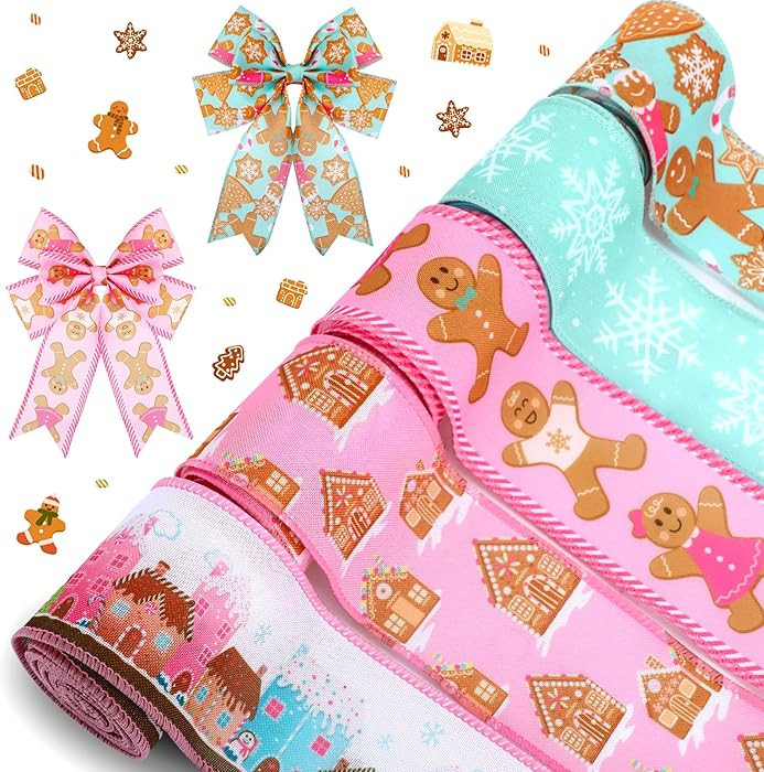 Hahafelt 30 Yards Christmas Gingerbread Wired Edge Ribbon 2.5 in Fabric Candy Rainbow Wired Edge ... | Amazon (US)