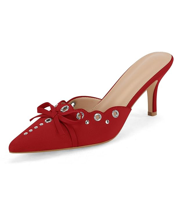 Coutgo Women's Bow Tie Mule Heels Pointed Toe Studded Backless Stilettos Slip On Dress Pump Shoes | Amazon (US)