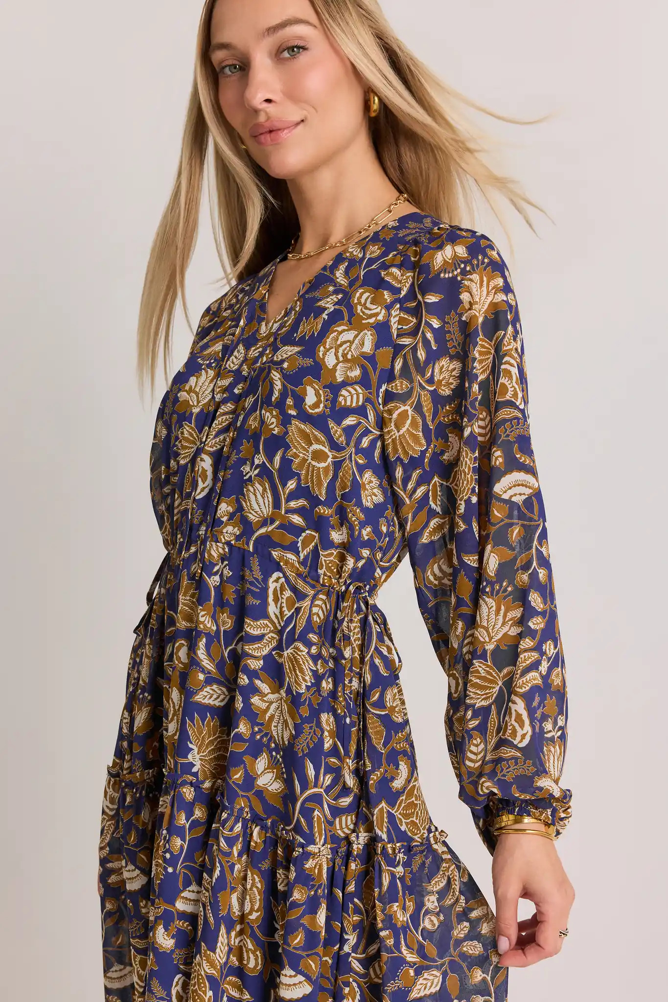 Navy Floral Print Long Sleeve Midi Dress | Avara