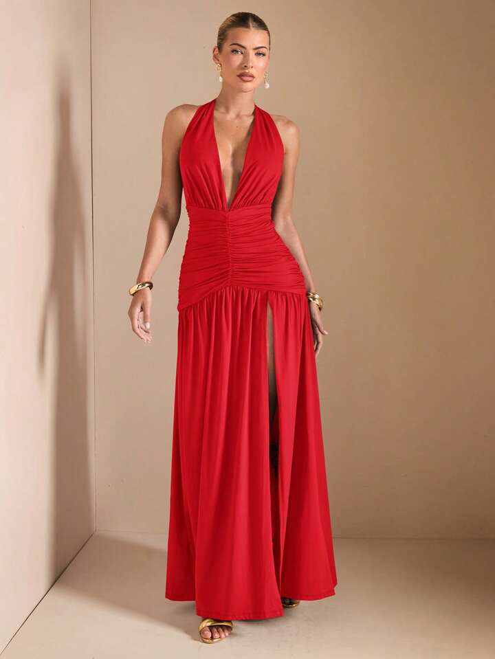 SHEIN BAE Elegant Solid Color Deep V-Neck Sleeveless High Slit Backless Sexy Dress, Suitable For Party, Cocktail, Wedding Bridesmaid, Night Out, Autumn/Winter | SHEIN