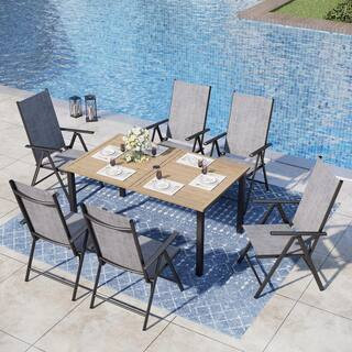 7-Piece Metal Outdoor Patio Dining Set with Brown Rectangular Slat Table-Top and Gray Folding Chairs | The Home Depot
