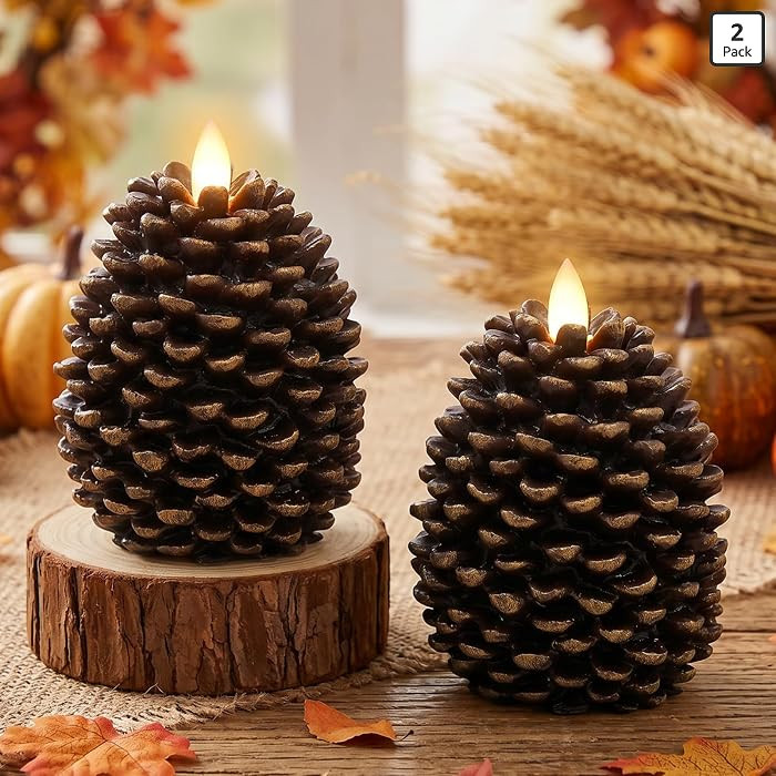 Fall Decor for Home, 2 Pack Flameless Real Wax Pinecone Pillar Candles | Amazon (US)