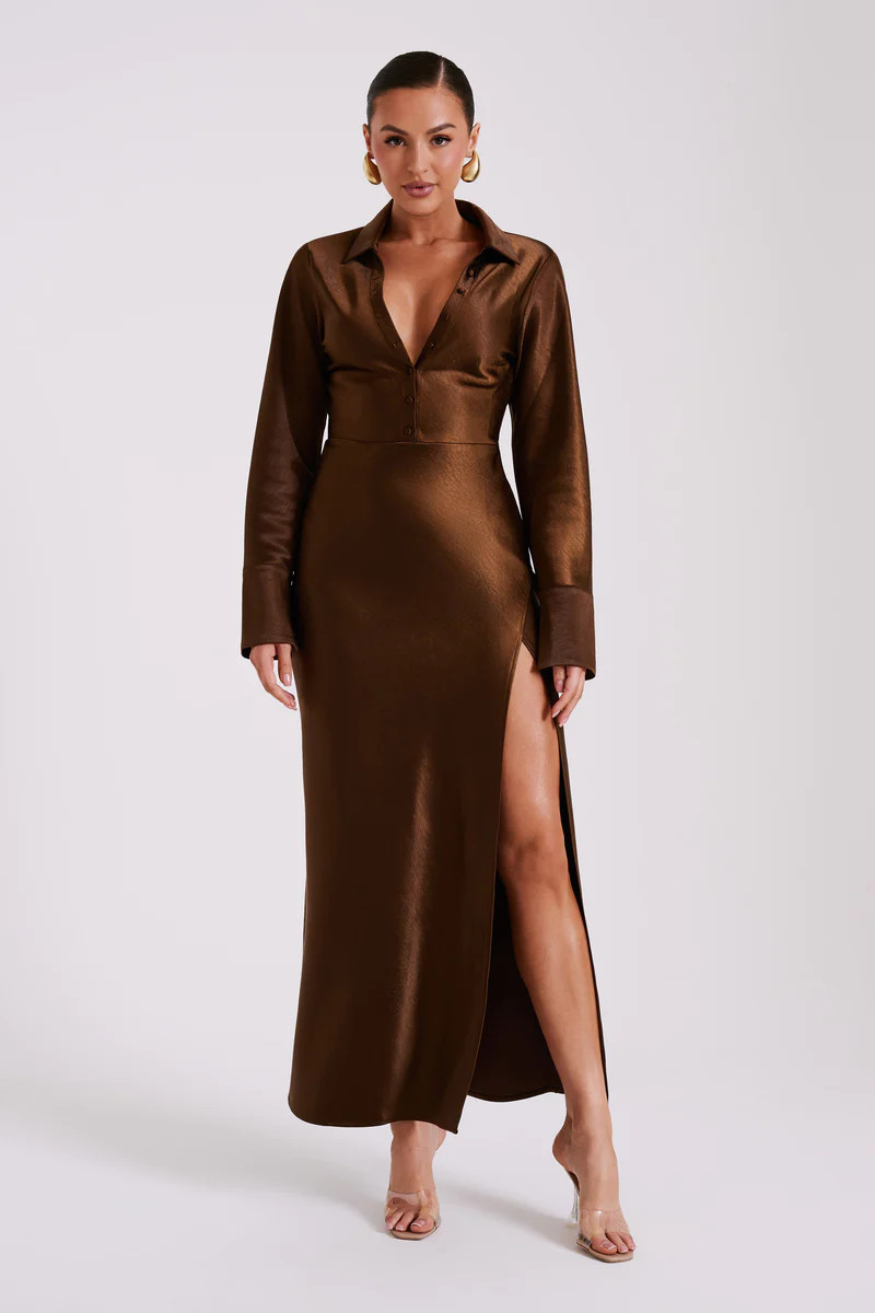 Whitley Satin Collared Maxi Dress - Dark Brown | MESHKI US
