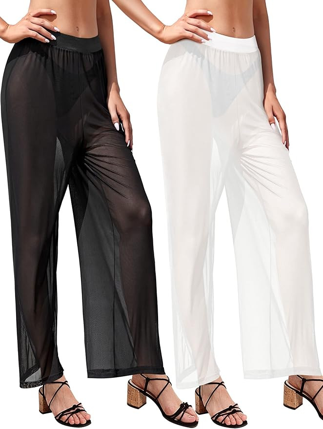 URATOT 2 Packs Women See Through Sheer Mesh Pants Sexy Swimsuits Elastic Waist Bikini Bottom Cove... | Amazon (US)
