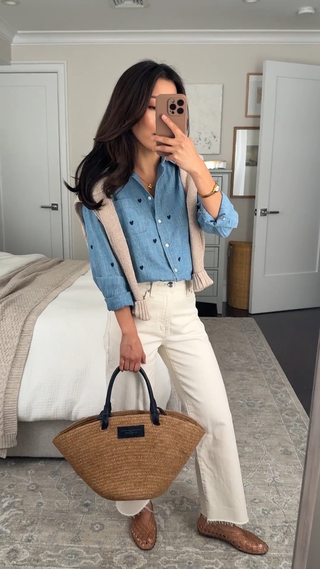 Use code LTK20 on jeans. Sizing below!
• Madewell jeans 24 Short beautiful ecru color, touch of stretch for comfort - on sale with code LTK20
• Sezane embroidered hearts denim tomboy shirt 0 love this one! Classic fit.
• old color Madewell linen sweater xxs. The weight of these is great for warmer weather 
• Dolce Vita flats in Mocha size 5, size down if you’re a half size

• sezane straw tote

Spring casual outfit, white jeans, petite friendly, classic button down, spring summer 2026 style

#LTKPetite #LTKootd #LTKxMadewell