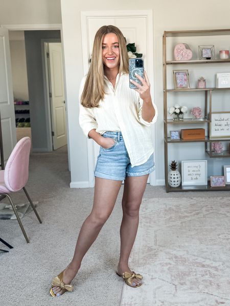 Denim shorts. Jeans. Button down shirt. Oversized shirt. Gold sandals. Vacation outfit. Resort outfit  

#LTKtravel #LTKSeasonal #LTKfindsunder50