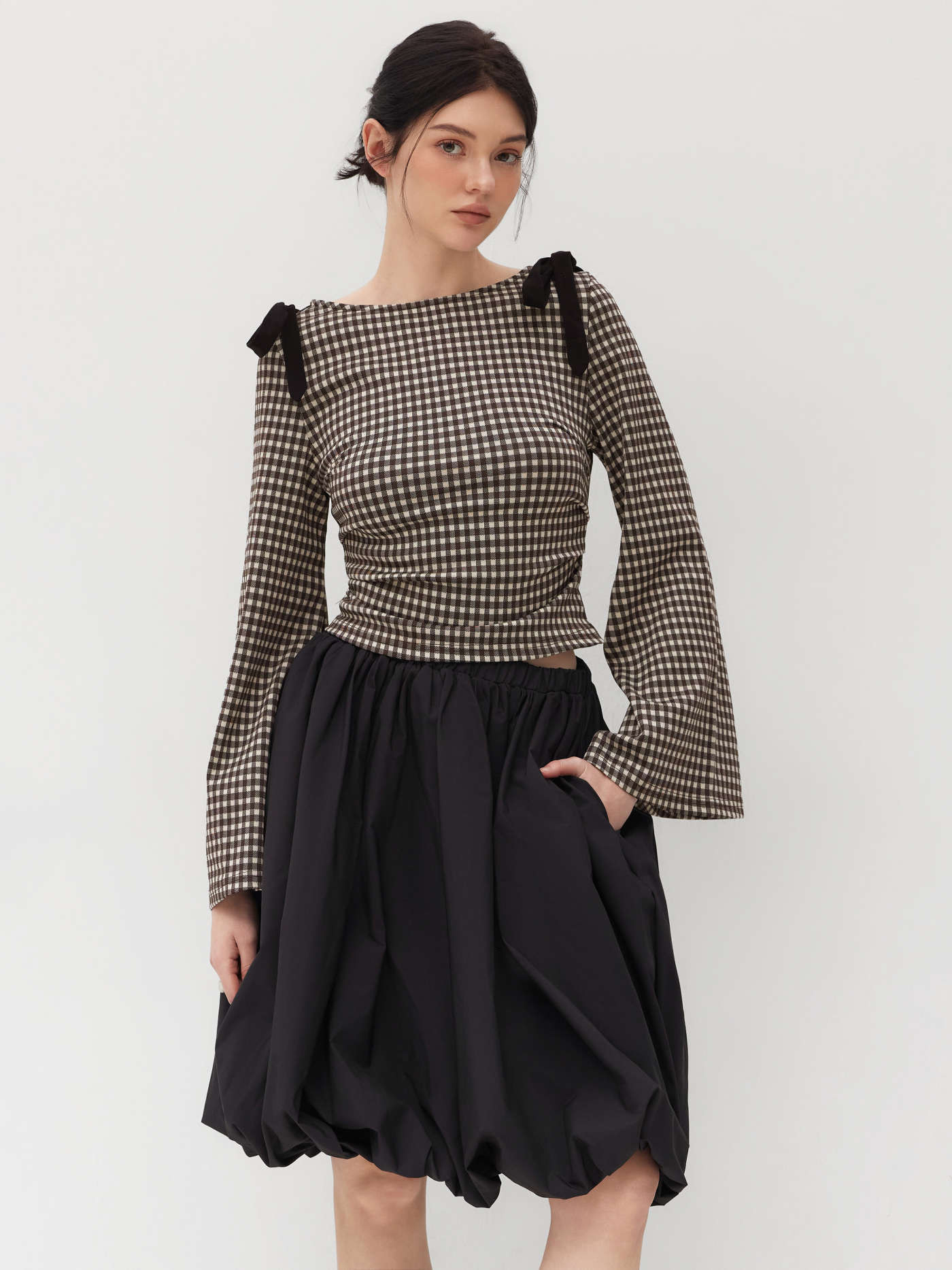 City Chic Knit Fabric Boat Neck Gingham Bowknot Ruched Long Sleeve Top For School | Cider