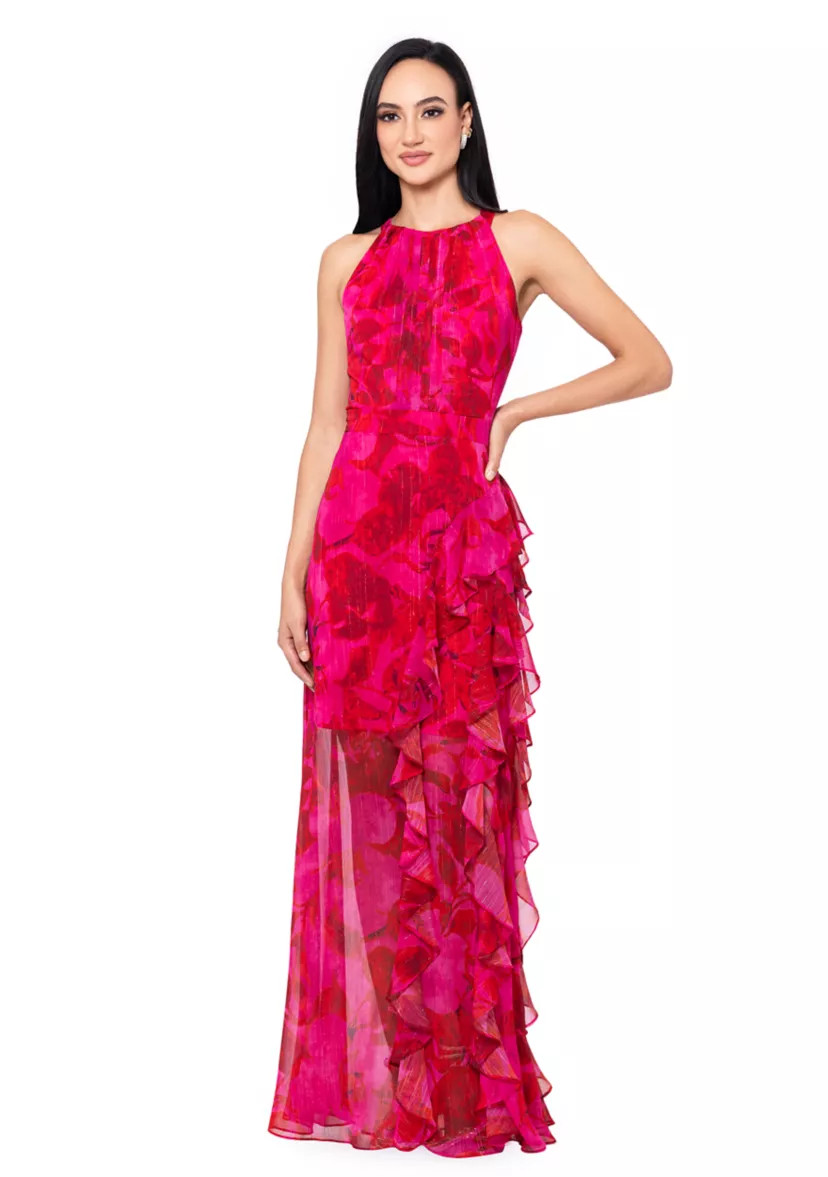 Women's Sleeveless Halter Floral Printed Chiffon Maxi Dress | Belk