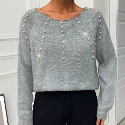 Pearl Embellished Elegant And Grey Knit Sweater | SHEIN