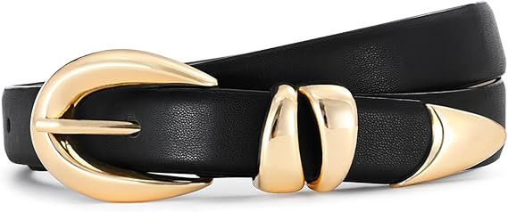 Belts for Women with Gold Buckle – Adjustable Black leather Belt for Jeans, Dress, Pants | Amazon (US)