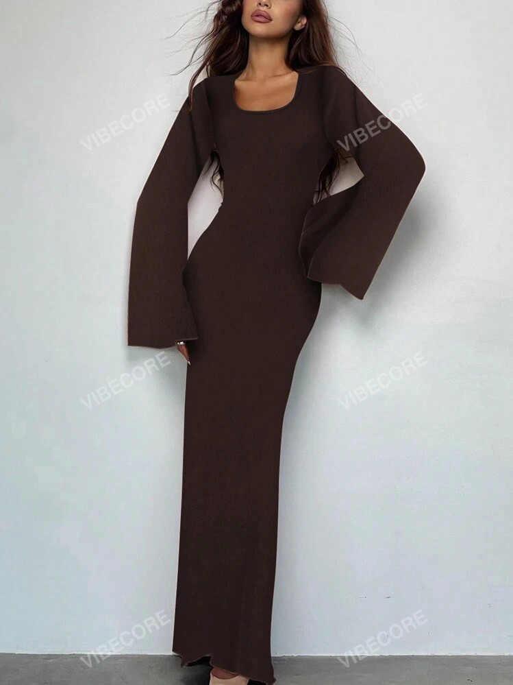Women Casual Round Neck Bodycon Long Flare Sleeves Back Tie Elegant Daily Street Spring Long Dres... | SHEIN