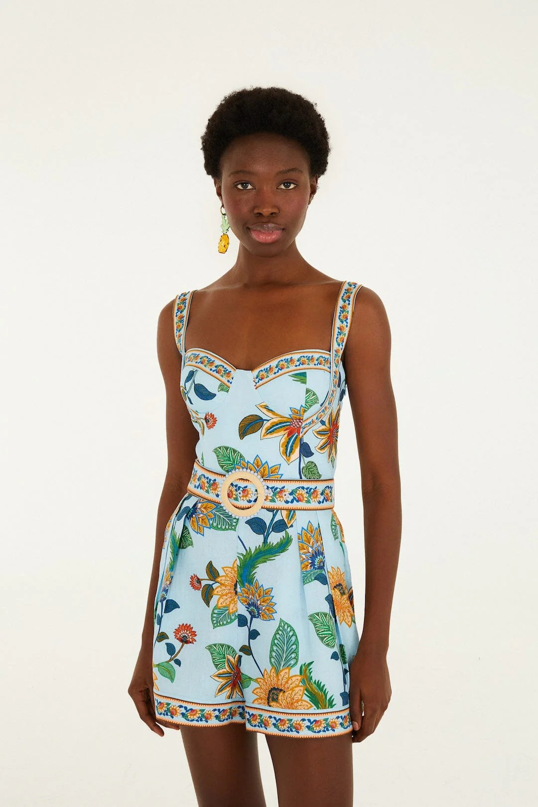Light Blue Floral Delhi Euroflax Premium Linen Romper, FLORAL DELHI LIGHT BLUE / XL | FarmRio (US)