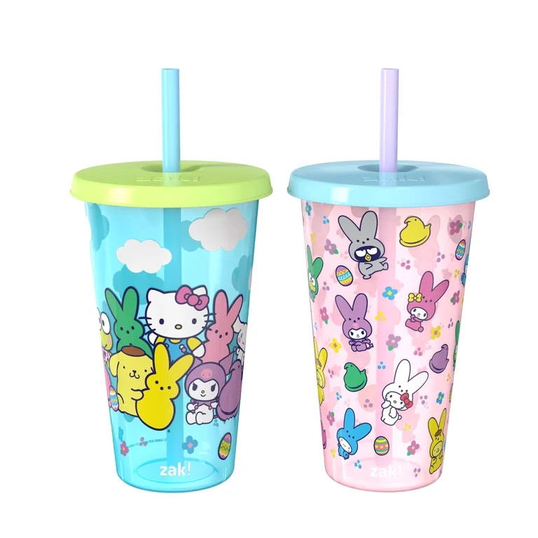 Zak Designs 25oz Peeps x Hello Kitty Durable Plastic Straw Tumbler Set - Blue/Pink, 2 Pack | Walmart (US)