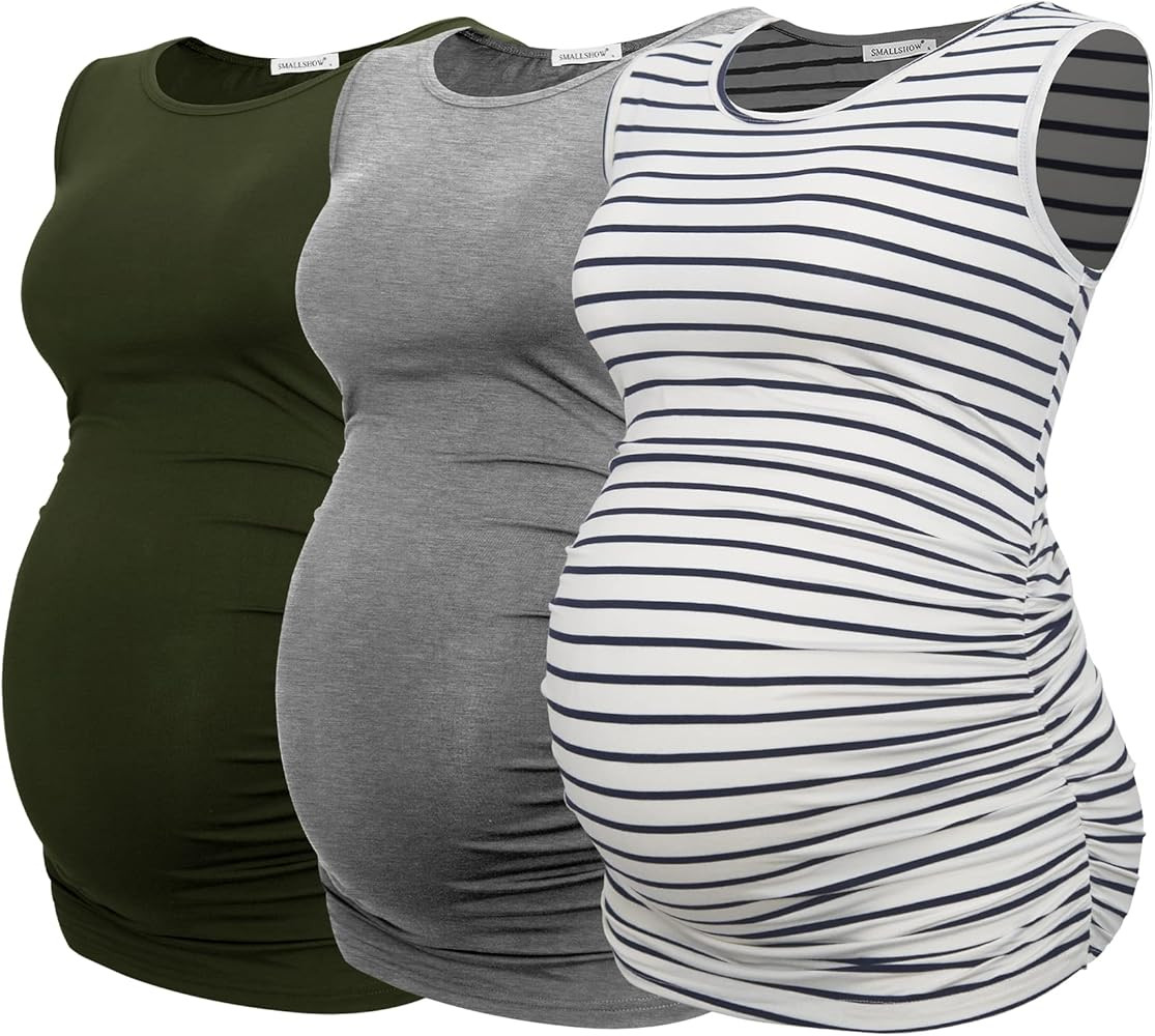 Smallshow Women's Maternity Tank Tops Sleeveless Ruched Pregnancy Clothes 3-Pack | Amazon (US)