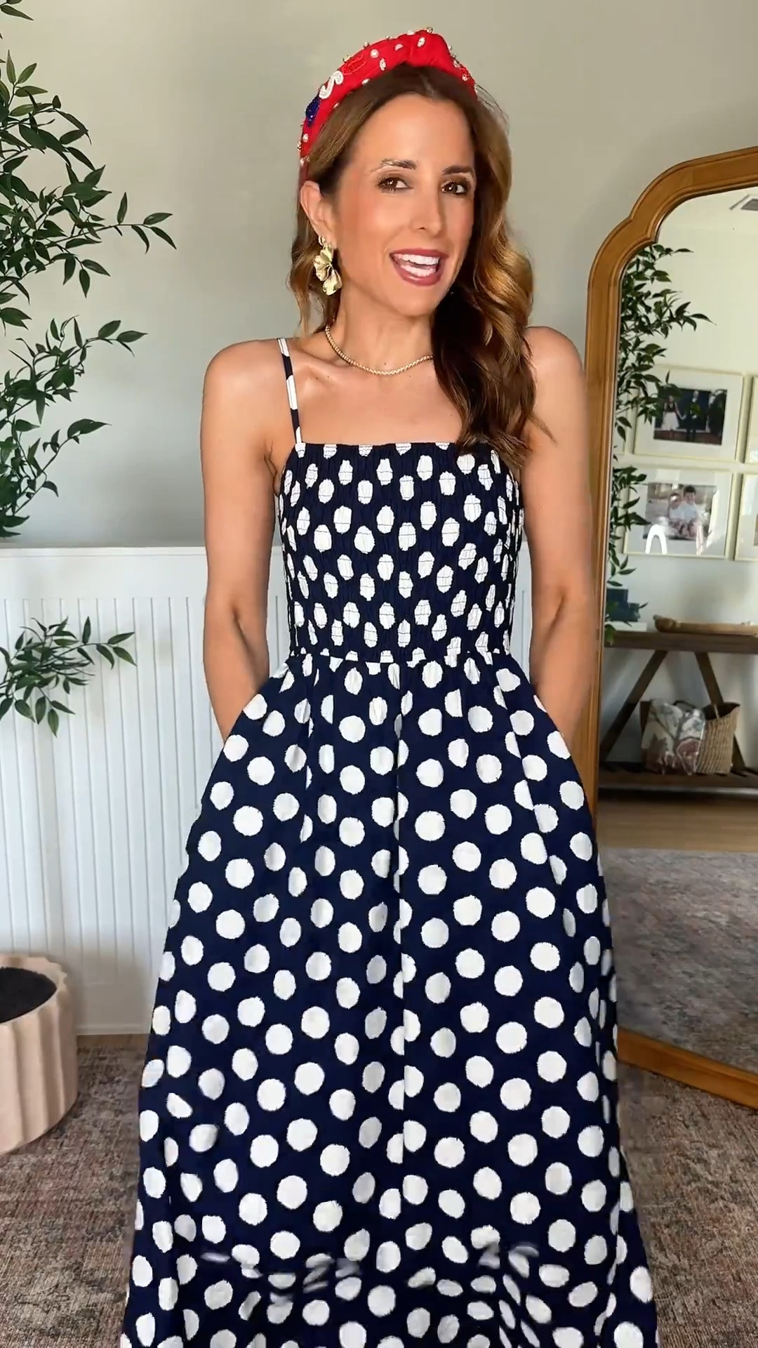 The prettiest Amazon polls dot maxi dress for the 4th of July! Wearing XS with adjustable straps. Memorial day weekend. Barbecue outfit. Summer outfit. Summer dress. Vacation dress. Vacation outfit. Amazon USA headband. Target slides are TTS.

#LTKootd #LTKSeasonal #LTKTravel