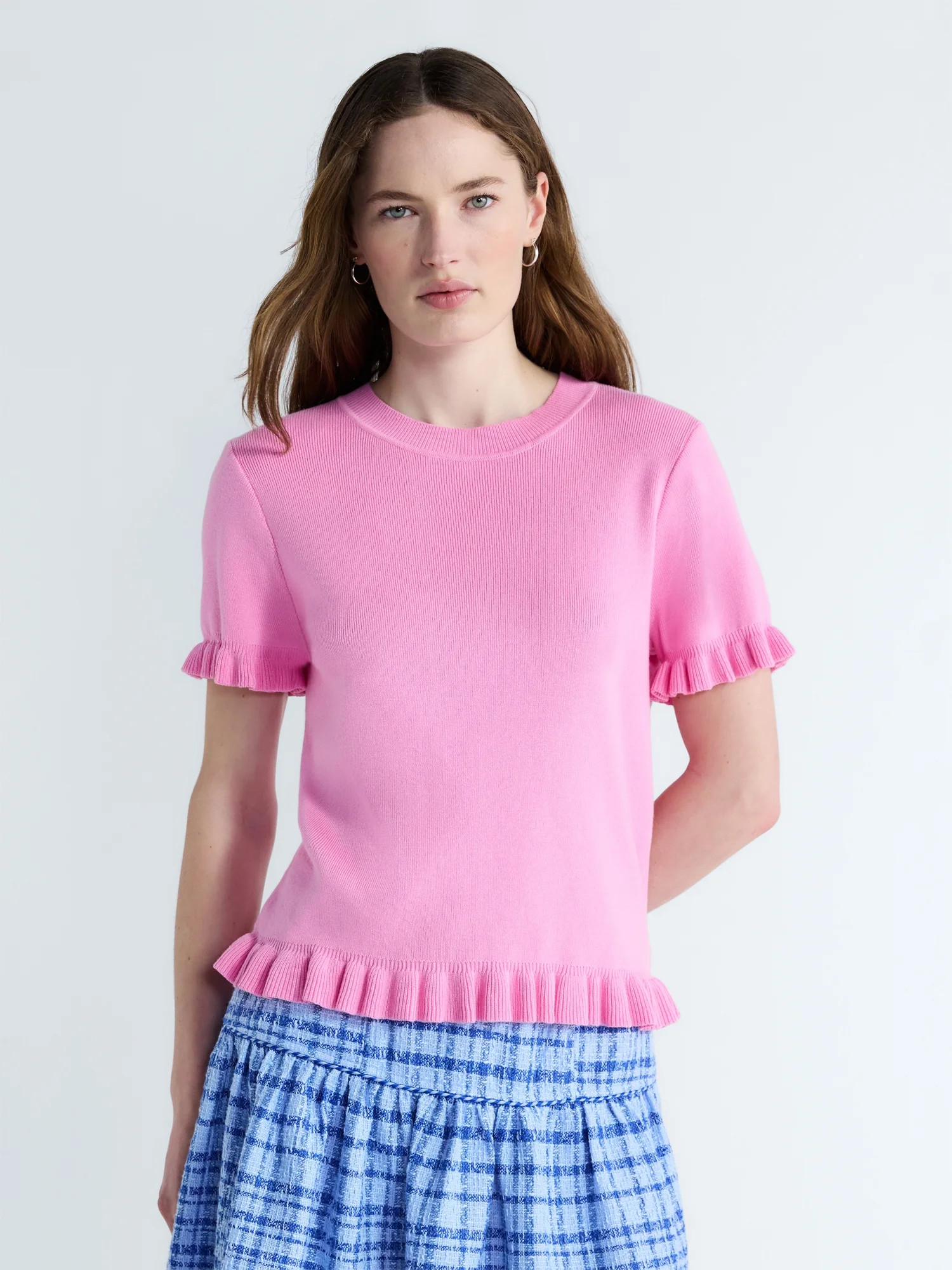 Free Assembly Women’s Ruffle Trim Sweater with Short Sleeves, Lightweight, Sizes XS-XXL | Walmart (US)