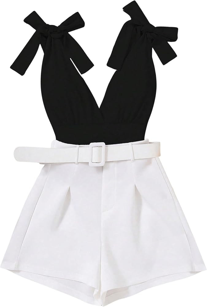 SOLY HUX Women's 2 Piece Summer Outfits V Neck Tie Shoulder Sleeveless Crop Tops and Belted Short... | Amazon (US)