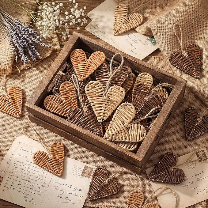 24 Pcs Neutral Valentines Day Heart Ornaments Rattan Wicker Heart Ornaments 3.15 Inch Rustic Farm... | Amazon (US)