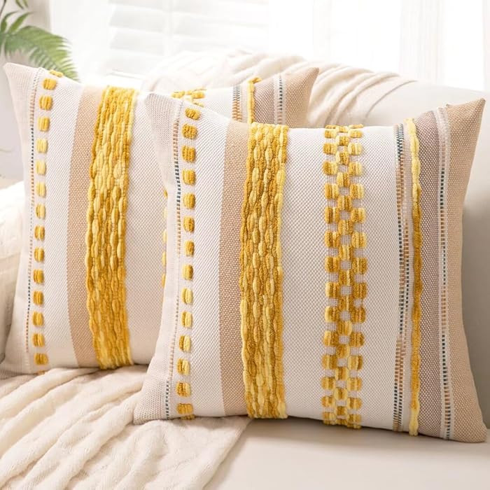 Boho Throw Pillow Covers 18x18 Set of 2 Farmhouse Decorative Cushion Case Striped Square Pillows ... | Amazon (US)