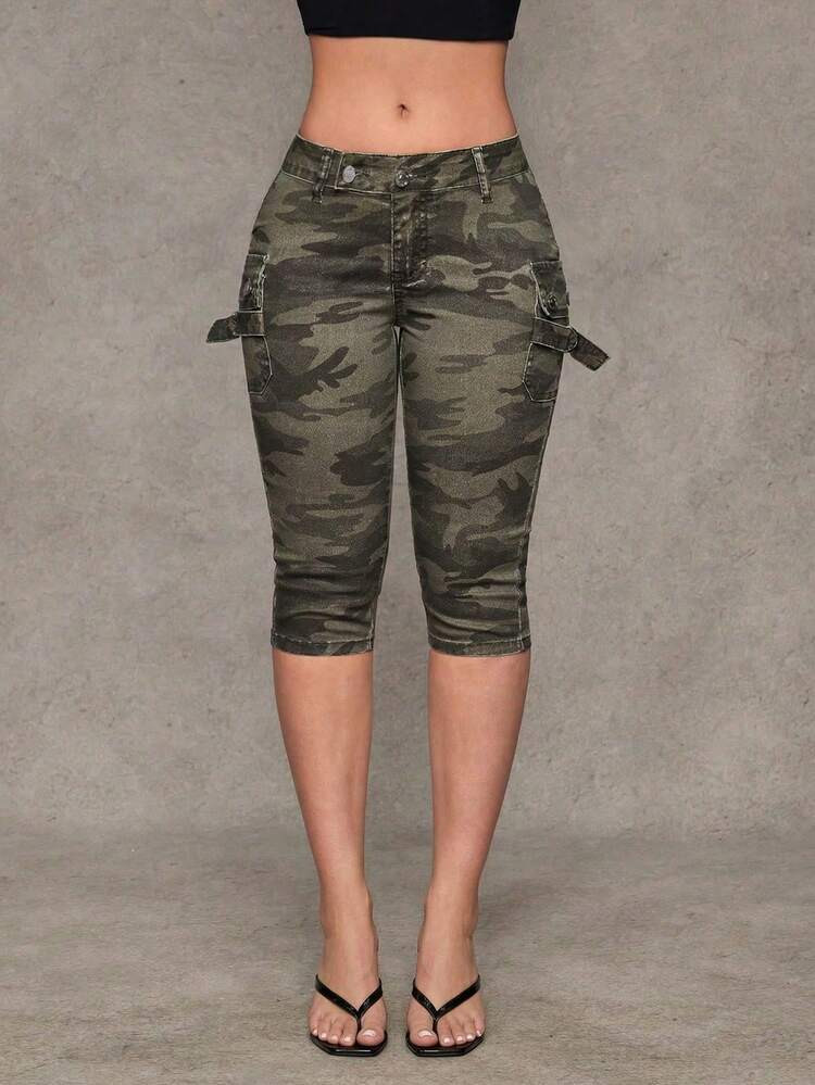 Jeanoix Y2K Fashion Low Waist Cargo Pocket Camouflage Capri Skinny Jeans | SHEIN