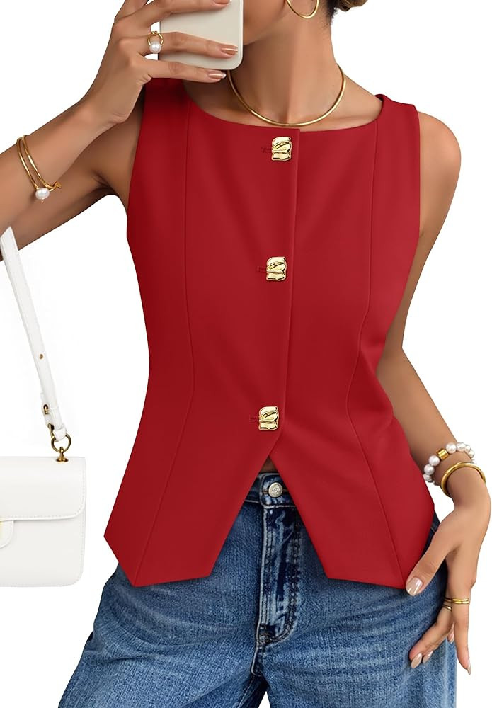 ZESICA Womens Summer Sleeveless Suit Vest 2026 Boat Neck Button Down Formal Vest Tops Casual Tren... | Amazon (US)