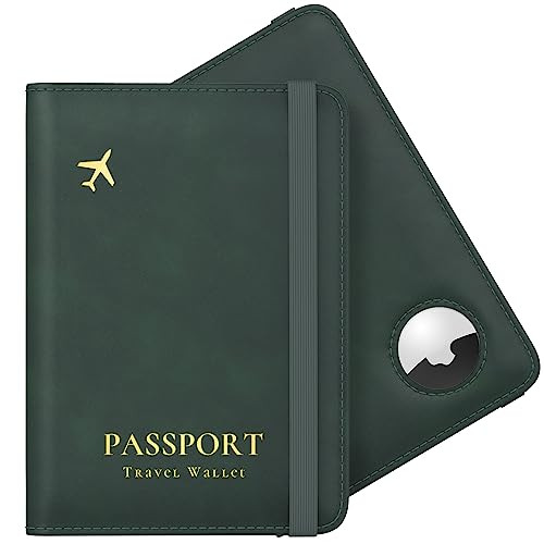 Stouchi Passport Holder with Airtag Slot, Airtag Passport Wallet for Men, Slim Leather Passport Holder Case Family for Travel Anti-Lost, Green | Amazon (US)