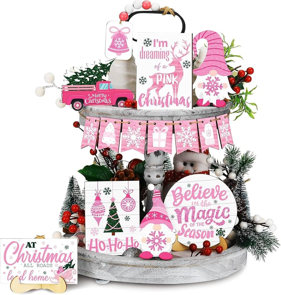 Pink Christmas Decoration, Christmas Tiered Tray Decor 15 Pcs Pink Christmas Ornaments Farmhouse ... | Amazon (US)
