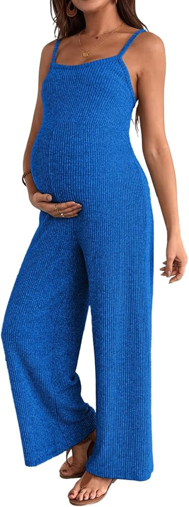 BLENCOT Maternity Ribbed Jumpsuit Sleeveless Square Neck Wide Leg Stretchy One Piece Romper | Amazon (US)