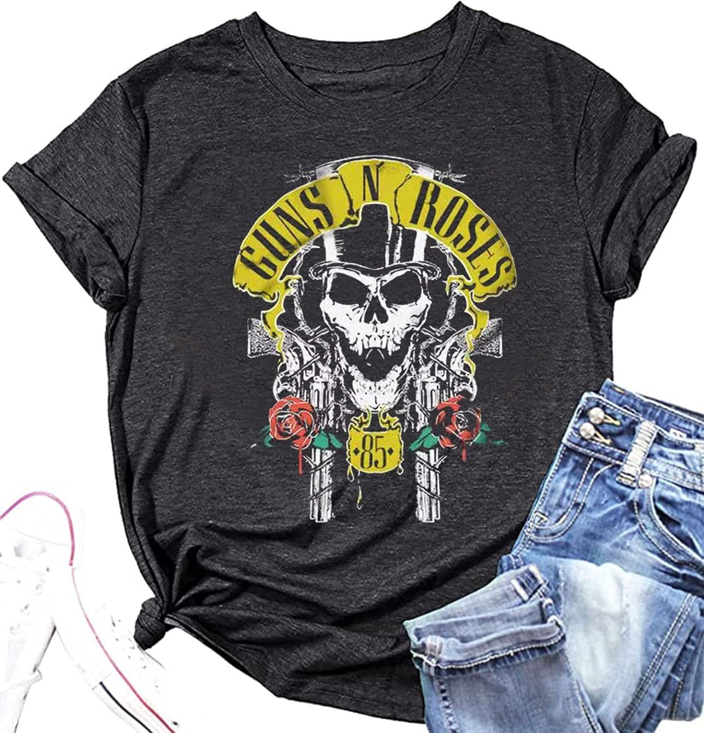 Guns N' Roses Skull Shirts for Women Vintage Rock Music T-Shirt Tops Funny Skeletons Graphic Casu... | Amazon (US)