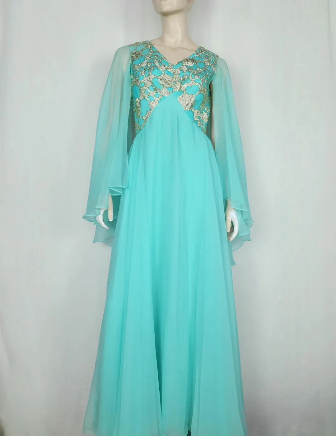 Vtg 60s Chiffon Metallic Tinsel Angel Drape Sleeve Party Dress Gown SM - Etsy | Etsy (US)