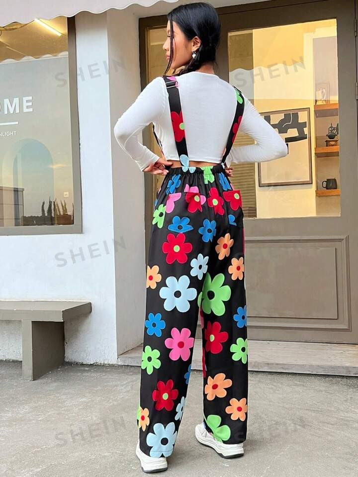 SHEIN EZwear Qutie Women Flower Full Printed Jumpsuit | SHEIN