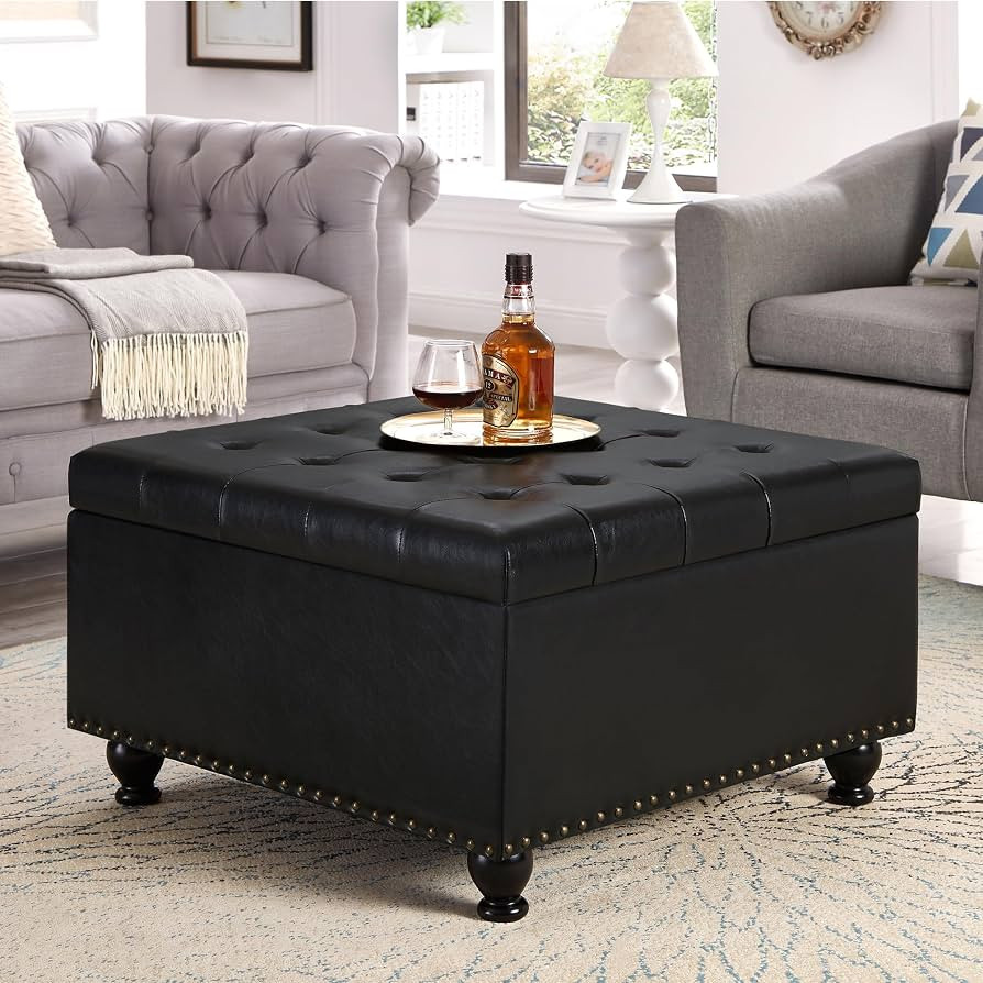 Storage Ottoman Coffee Table, 30 Inch Black Square Ottoman with Storage, Leather Storage Ottoman ... | Amazon (US)
