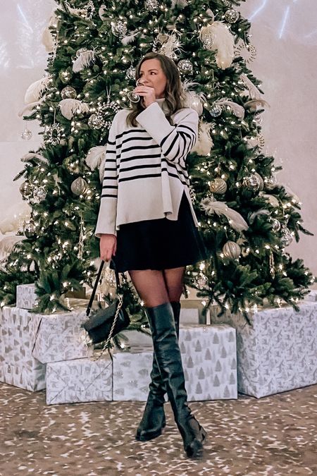 Winter Outfit, knee high boots, striped sweater, pleated skirt, black bag, sheer tights, 5050 bold boots, cold weather outfit 

#LTKstyletip #LTKHoliday #LTKSeasonal