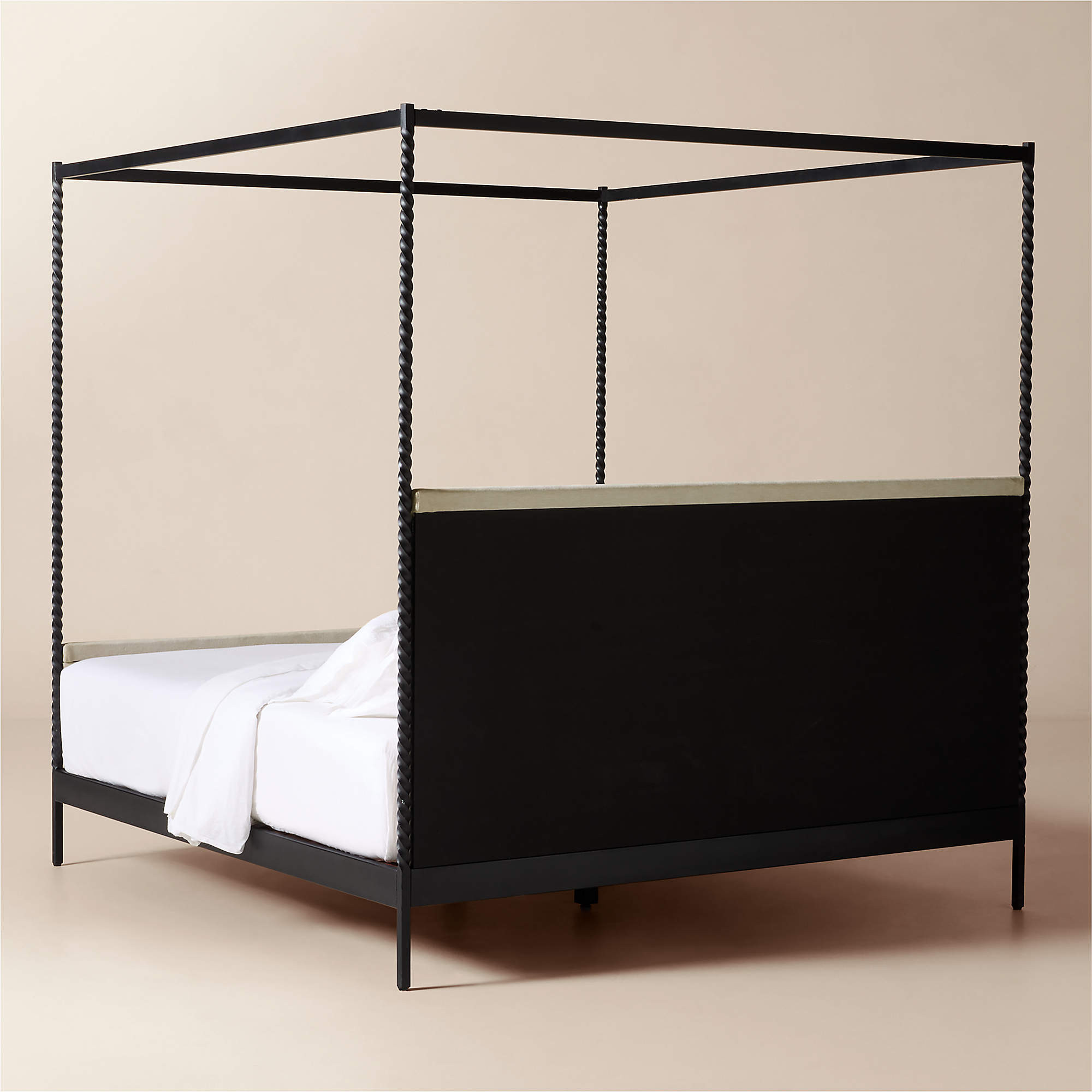 Amani Hand-Forged Steel Framed Warm White Upholstered Canopy King Bed + Reviews | CB2 | CB2