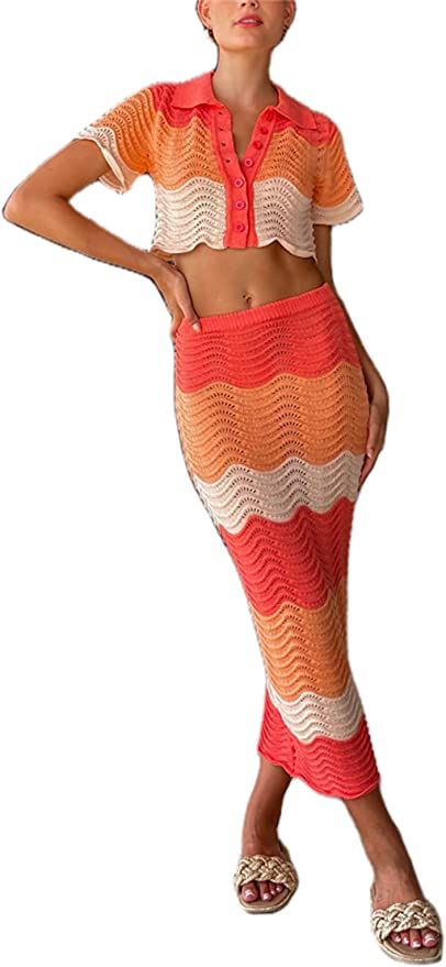 Women Crochet Knitted Skirts Set Hollow Out Lace up Swimsuit Cover Ups 2Pcs Knitted Outfits Set S... | Amazon (US)