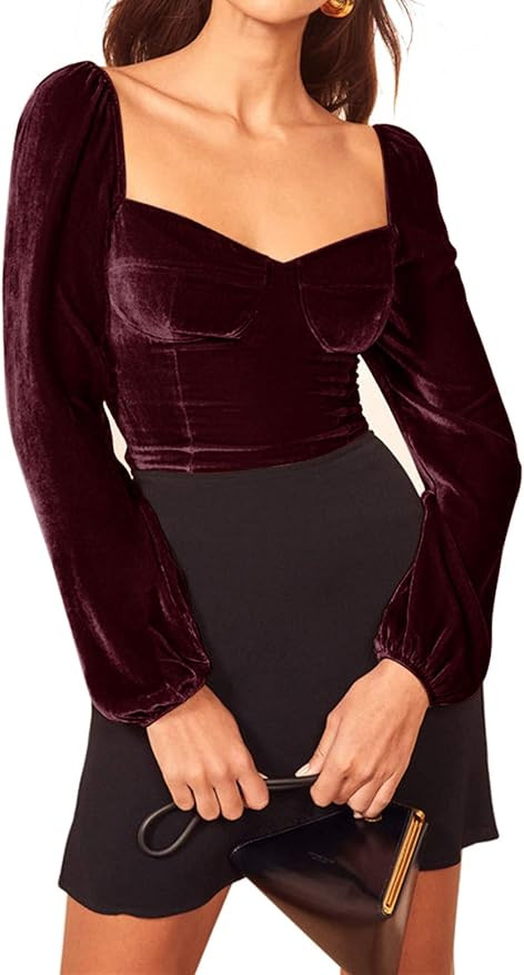 R.Vivimos Women's Fall Velvet Long Sleeves Square Neckline Casual Vintage Crop Tops Blouse | Amazon (US)