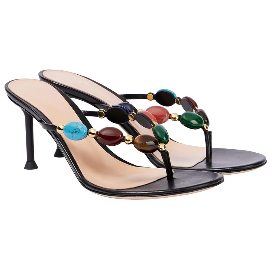 Women's Jeweled Thong Strappy Sandal Summer Mules Kitten Heels Flip Flop Round Open Toe Mid Heels... | Amazon (US)