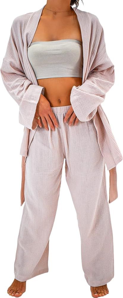 100% Muslin Cotton Lounge Wear Set Outfits For Women – Summer Womens Two Piece Sets – Kimono Robe Wi | Amazon (US)