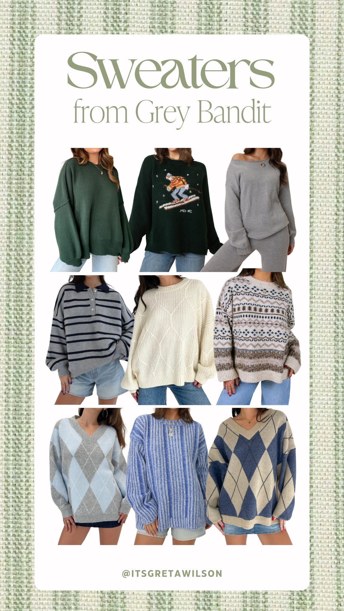 Sweaters that I have & love from Grey Bandit :) use my code: GRETA