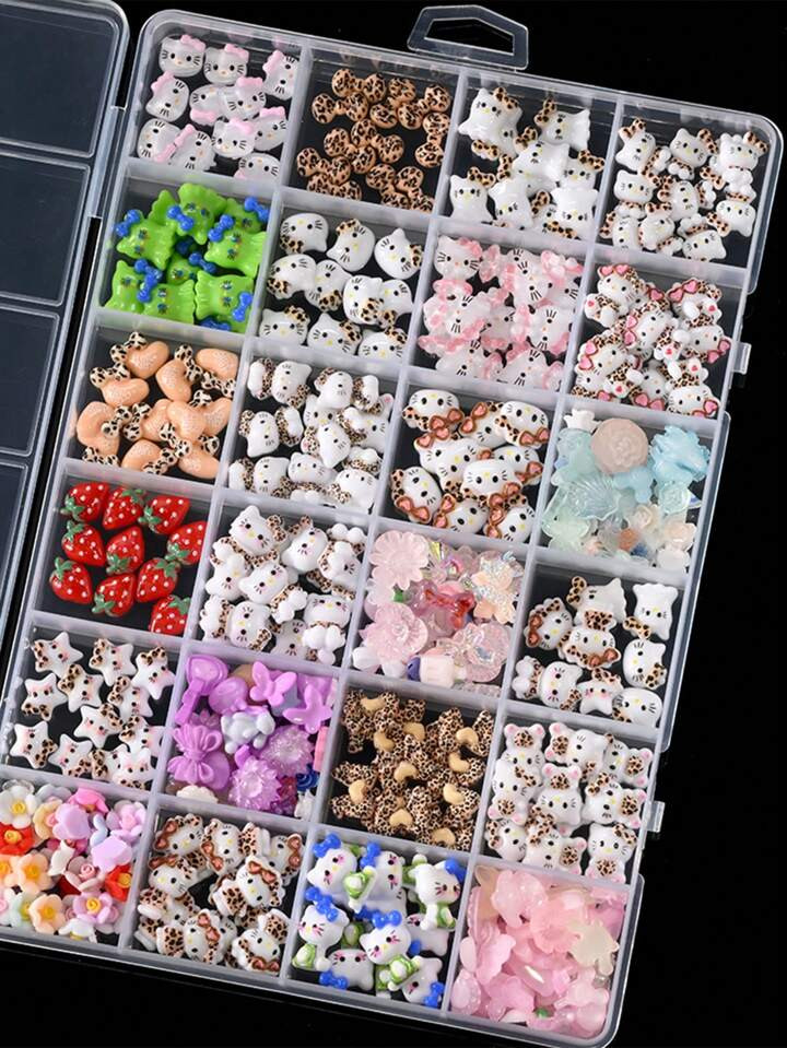 Sanrio Sanrio 24 Grids Box Hello Kitty Cartoon Nail Charms Kit,12 Styles Summer Strawberry Series Hello Kitty Cat Design Nail Art Diy Mini Rhinestones Flatback Charms | SHEIN